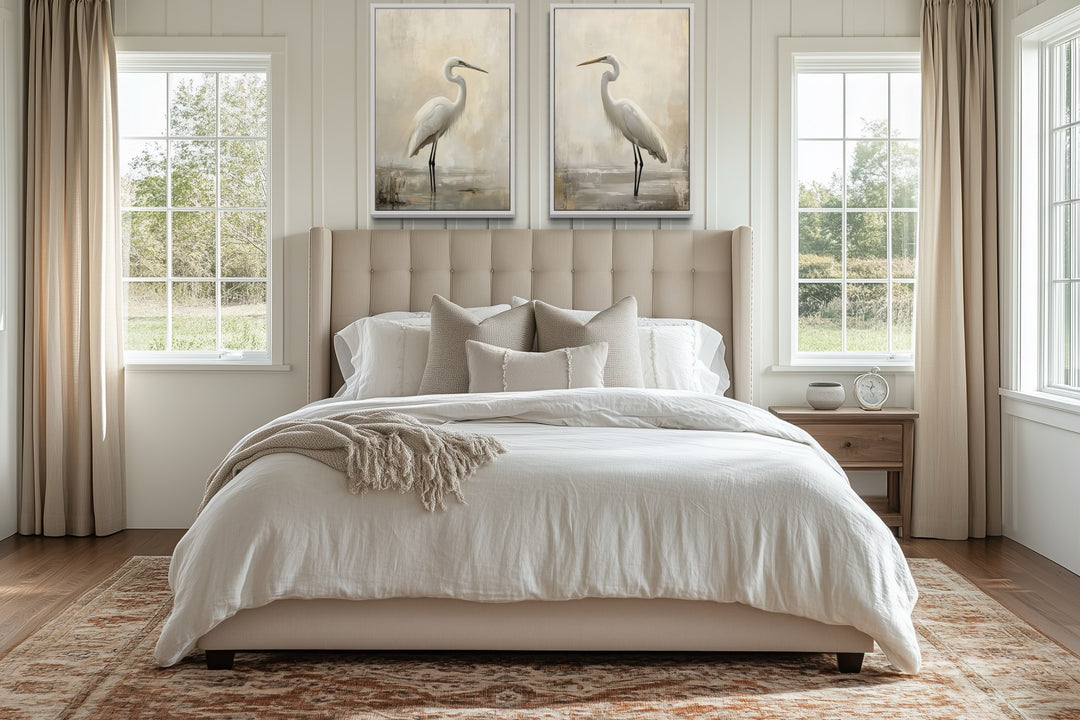 Beach House Wall Art - Set of 2 Great Egrets Neutral Coastal Birds Framed Canvas Wall Art