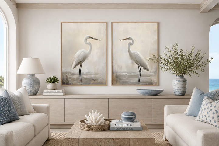 Set of 2 framed canvas prints featuring white great egrets on a neutral beige background.