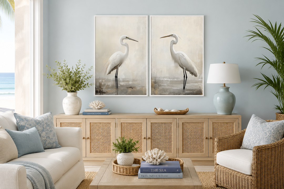 Set of 2 Great Egrets framed canvas wall art in a neutral coastal living room setting.