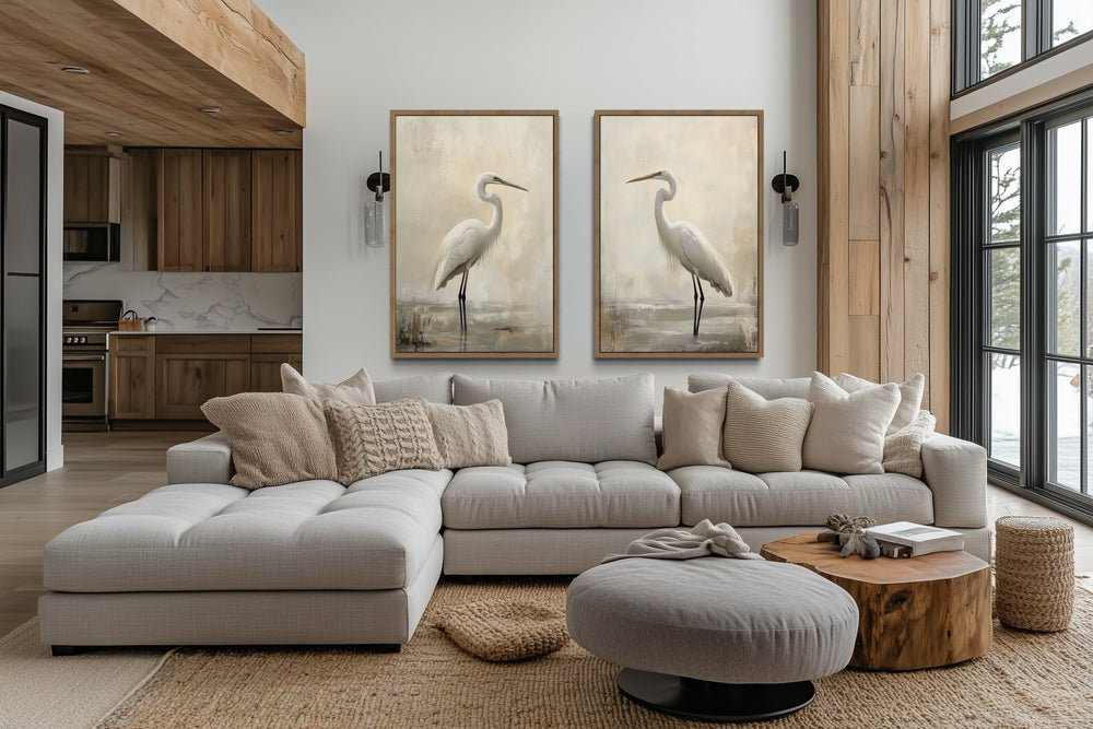 Set of 2 Great Egrets Neutral Coastal Birds Framed Canvas Wall Art