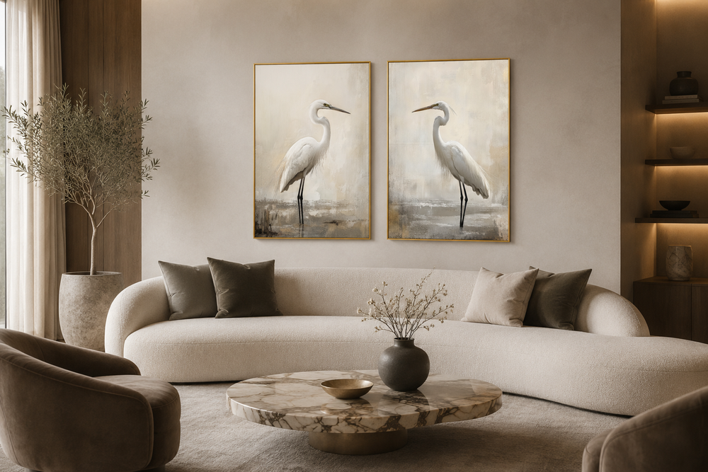 Set of 2 framed canvas wall art featuring white great egrets on a neutral beige background.
