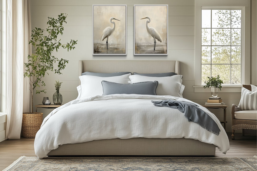 Beach House Wall Art - Set of 2 Great Egrets Neutral Coastal Birds Framed Canvas Wall Art