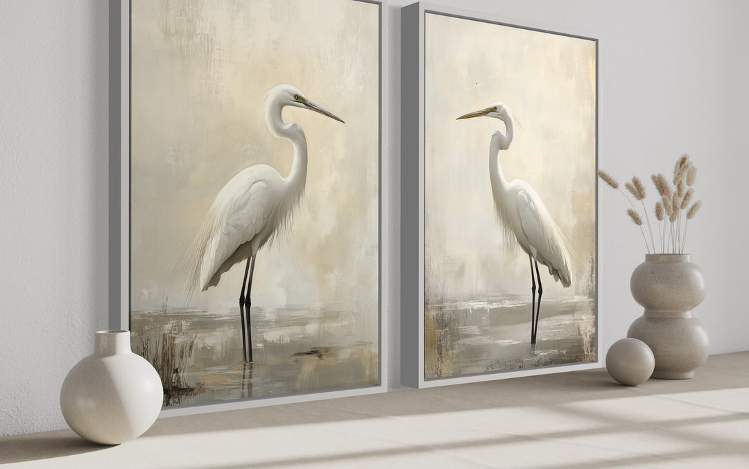 Beach House Wall Art - Set of 2 Great Egrets Neutral Coastal Birds Framed Canvas Wall Art