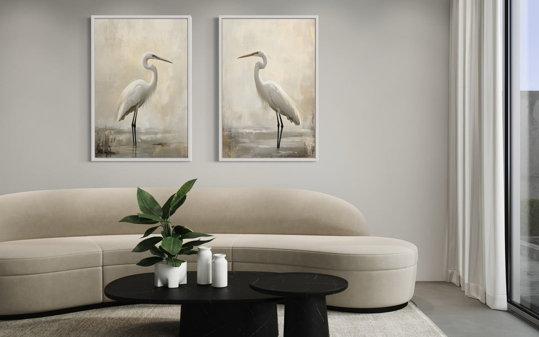 Beach House Wall Art - Set of 2 Great Egrets Neutral Coastal Birds Framed Canvas Wall Art