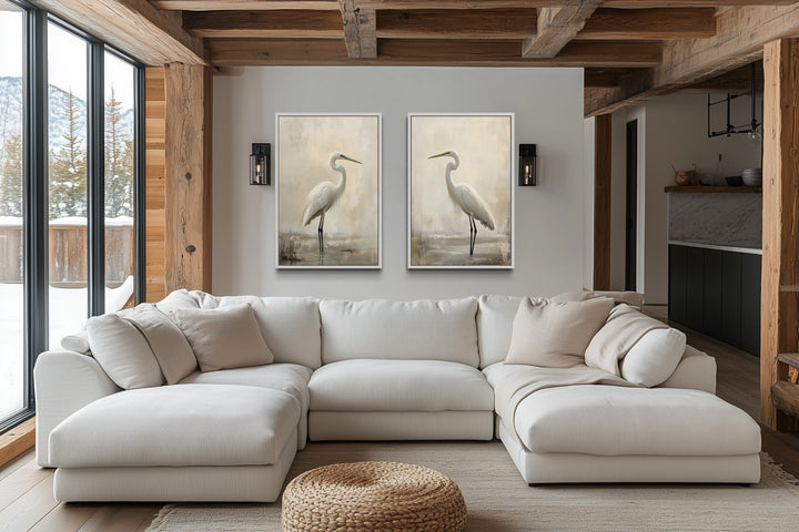 Beach House Wall Art - Set of 2 Great Egrets Neutral Coastal Birds Framed Canvas Wall Art