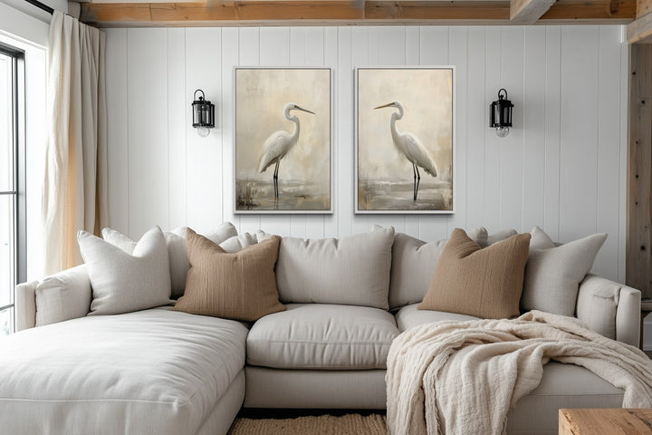 Beach House Wall Art - Set of 2 Great Egrets Neutral Coastal Birds Framed Canvas Wall Art