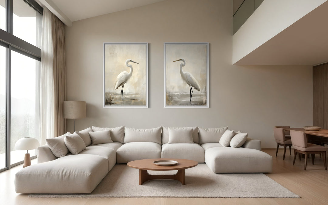 Set of 2 Great Egrets Neutral Coastal Birds Framed Canvas Wall Art