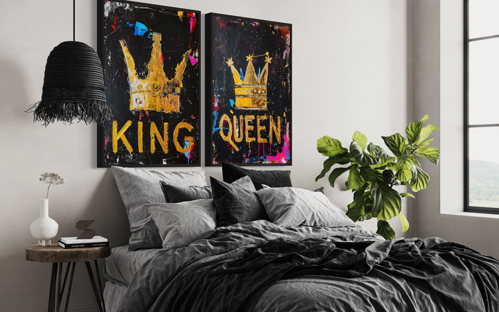 Set of 2 King And Queen Crowns Pop Art Framed Canvas Wall Art