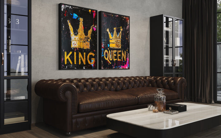 Set of 2 King And Queen Crowns Pop Art Framed Canvas Wall Art