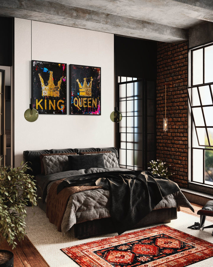 Set of 2 framed pop art canvas prints featuring gold King and Queen crowns on black backgrounds.
