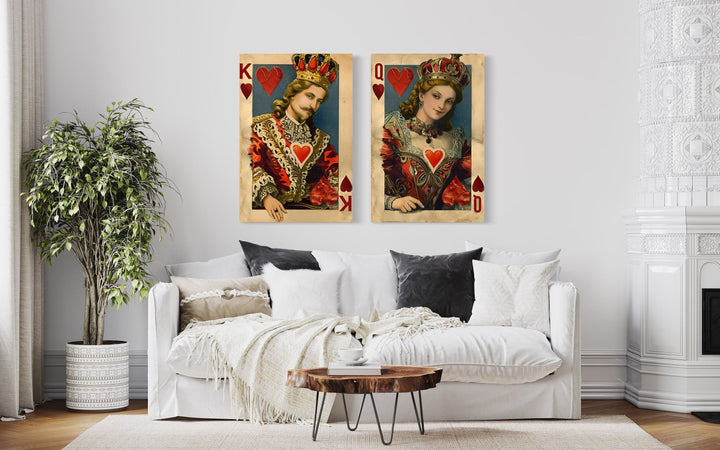 Set of 2 King And Queen Of Hearts Cards Framed Canvas Wall Art