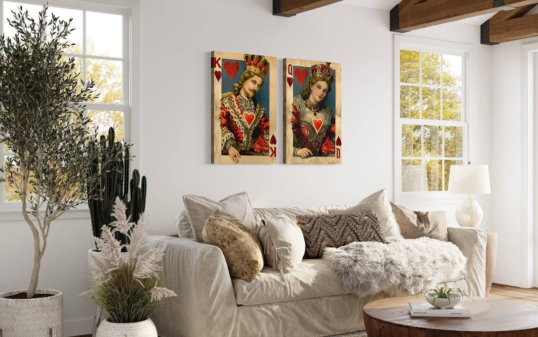 Set of 2 King And Queen Of Hearts Cards Framed Canvas Wall Art