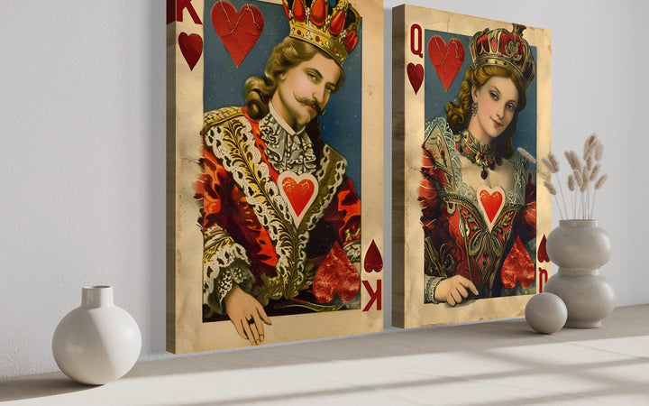 Set of 2 King and Queen of Hearts framed canvas wall art in a modern room setting.