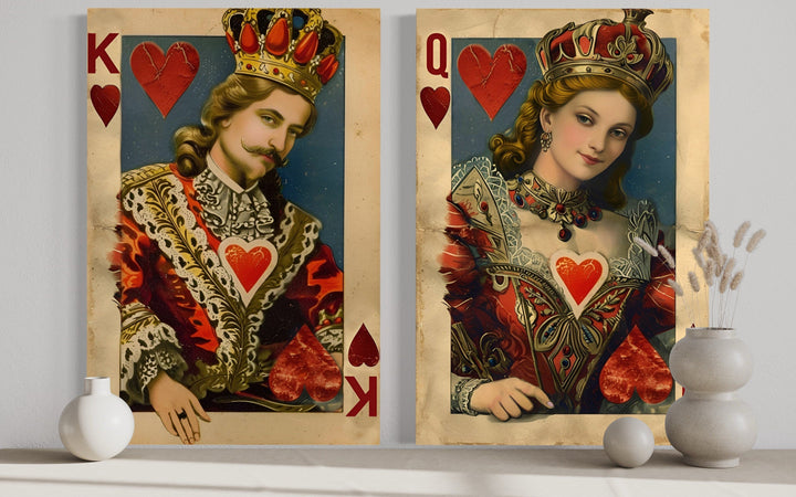 Set of 2 King and Queen of Hearts framed canvas wall art in a vintage playing card style.