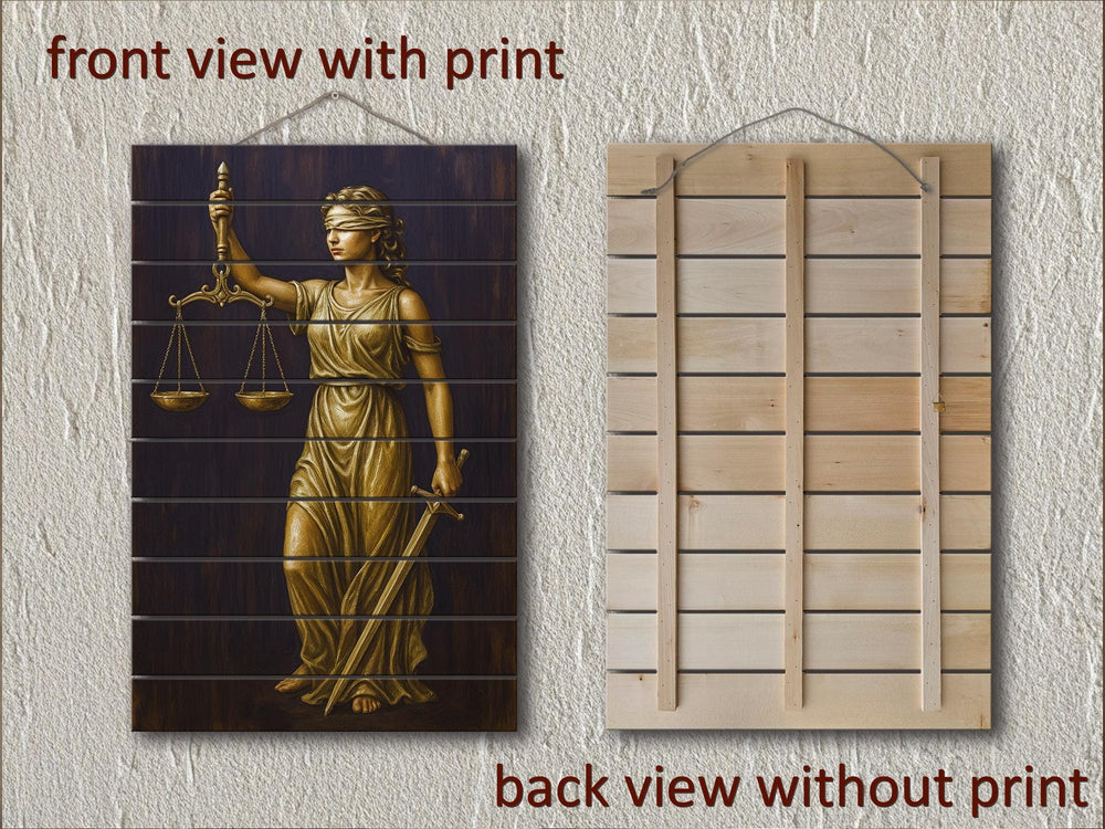 Set of 2 Law Office Wood Wall Art – Brown Gold Lady Justice & Scales Of Justice