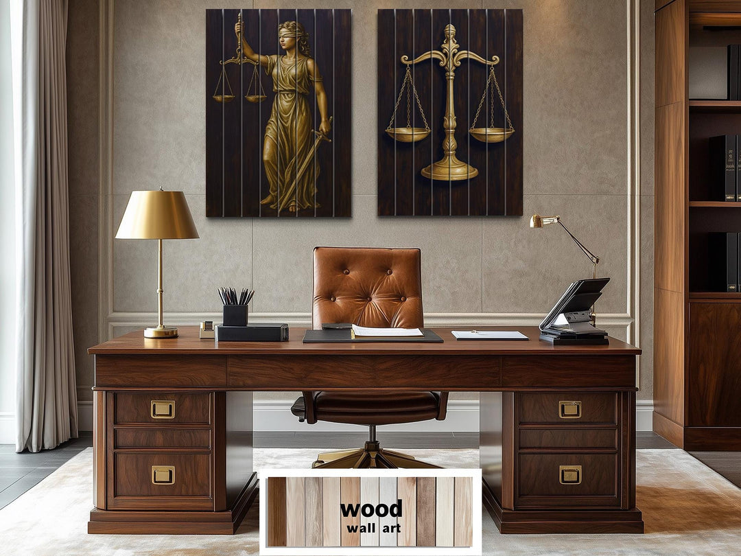 Set of 2 Law Office Wood Wall Art – Brown Gold Lady Justice & Scales Of Justice