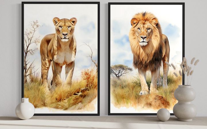 Set of 2 Lion And Lioness In Safari Framed Canvas Wall Art