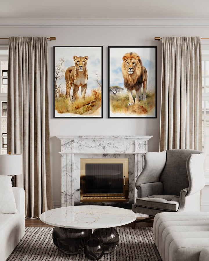 Set of 2 Lion And Lioness In Safari Framed Canvas Wall Art