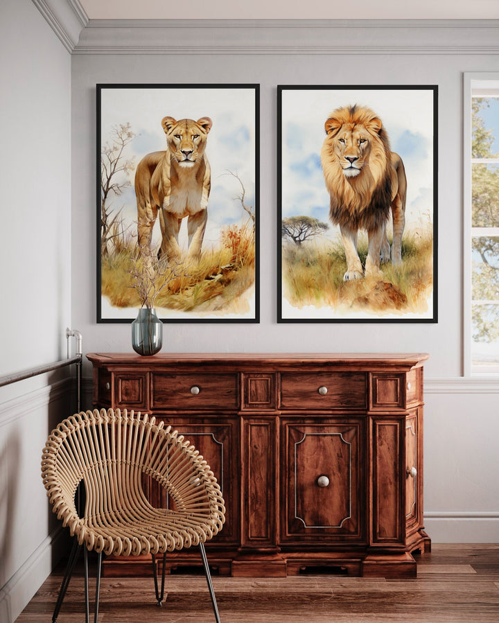 Set of 2 Lion And Lioness In Safari Framed Canvas Wall Art