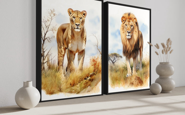 Set of 2 Lion And Lioness In Safari Framed Canvas Wall Art