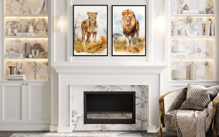 Set of 2 Lion And Lioness In Safari Framed Canvas Wall Art