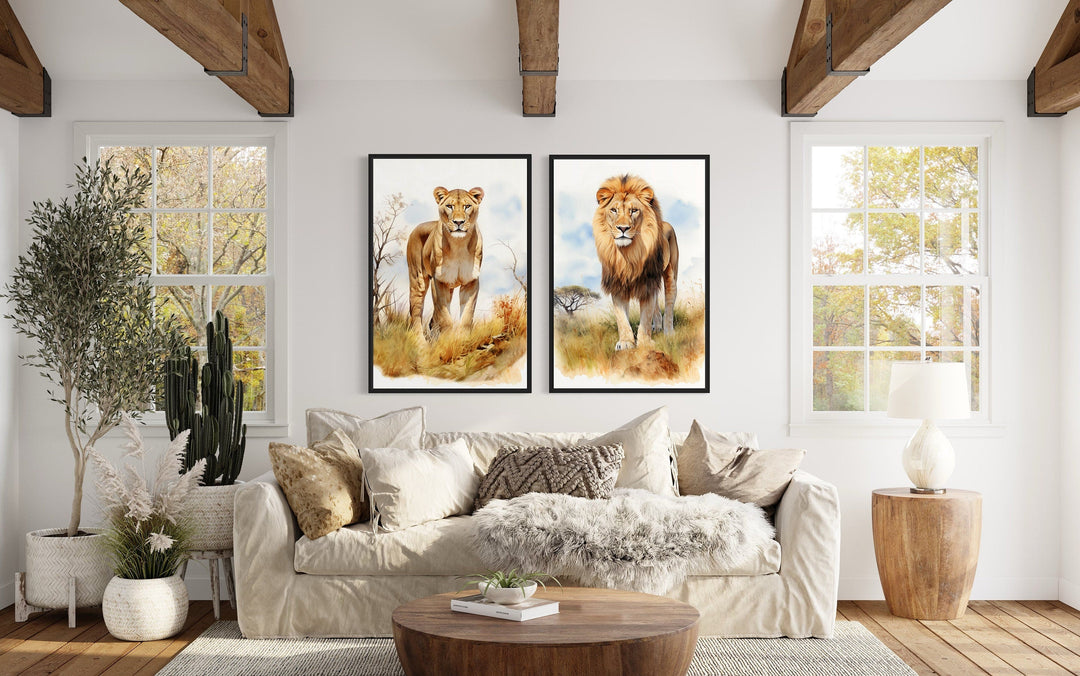 Set of 2 Lion And Lioness In Safari Framed Canvas Wall Art