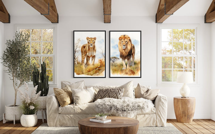 Set of 2 Lion And Lioness In Safari Framed Canvas Wall Art