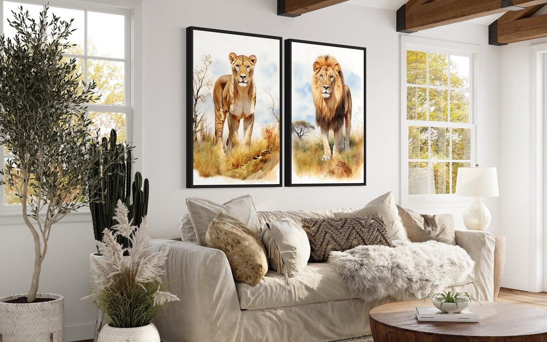 Set of 2 Lion And Lioness In Safari Framed Canvas Wall Art