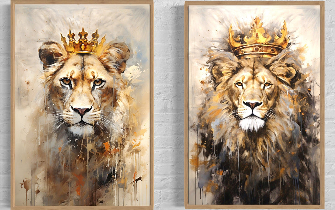 Set of 2 Lion And Lioness Framed Canvas Wall Art close up