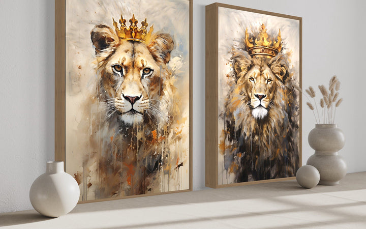 Set of 2 Lion And Lioness Framed Canvas Wall Art side view