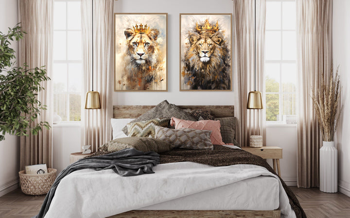 Set of 2 Lion And Lioness Framed Canvas Wall Art in bedroom