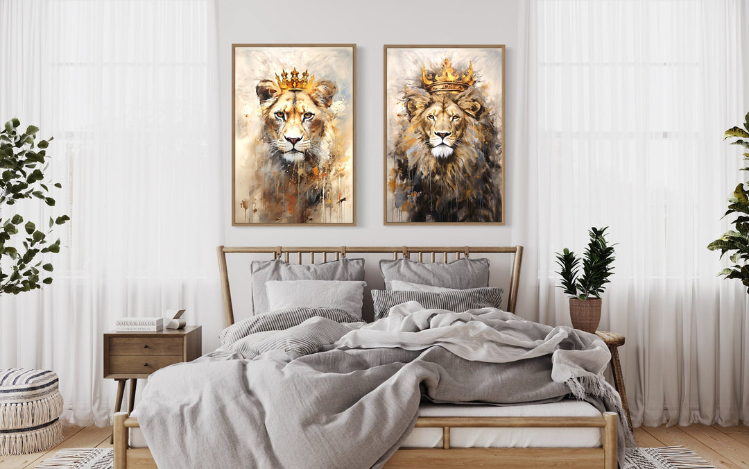 Set of 2 Lion And Lioness Framed Canvas Wall Art above wooden bed