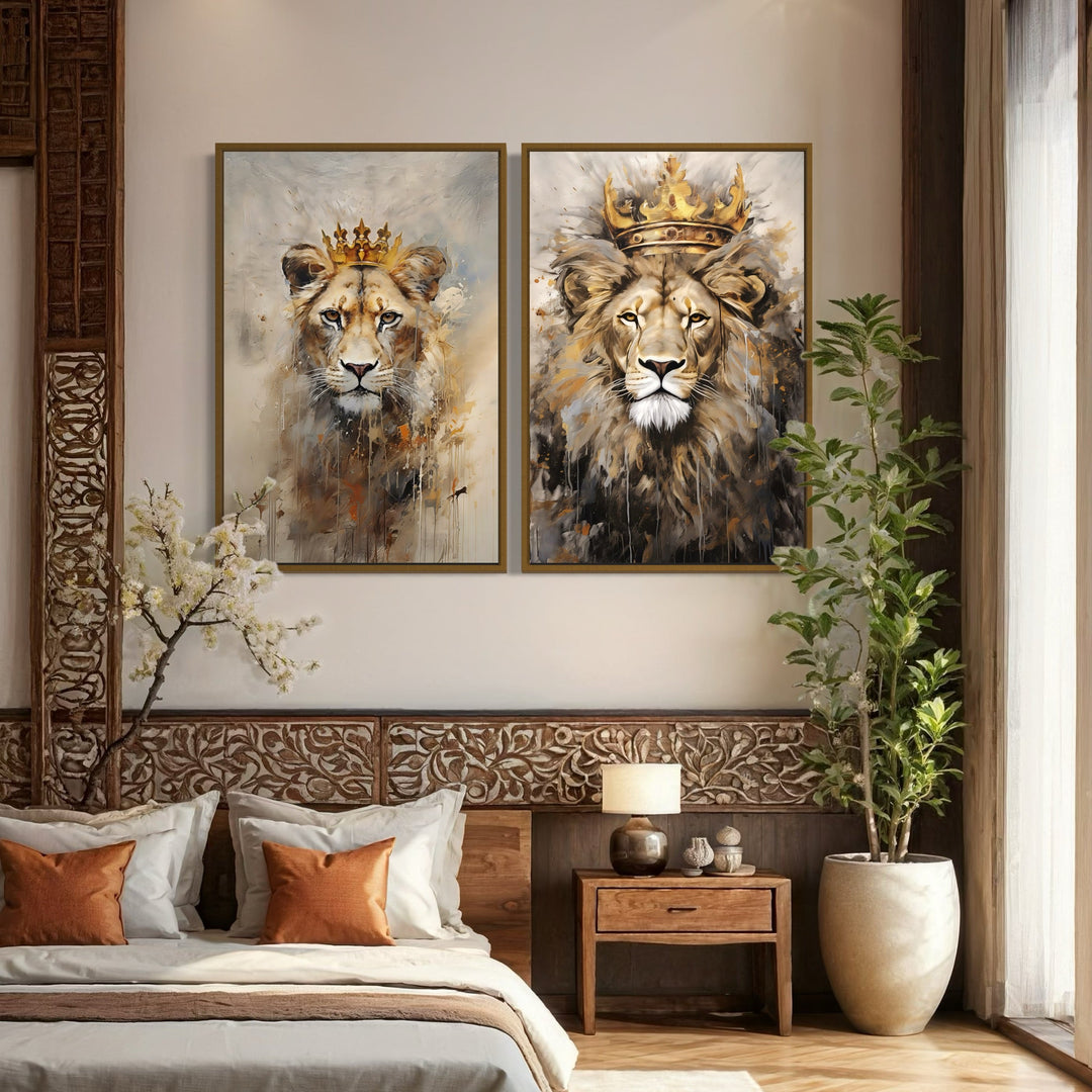 Set of 2 framed canvas prints featuring a lion king and lioness queen with crowns in a bedroom.