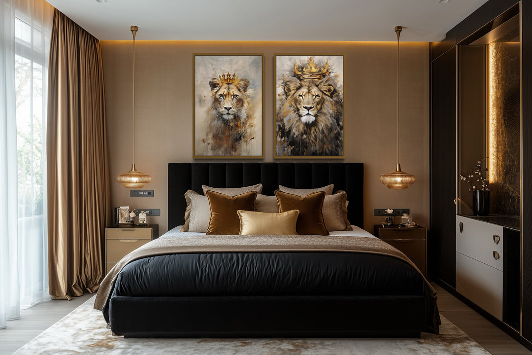Set of 2 framed canvas wall art featuring a lion king and lioness queen with crowns above a bed.