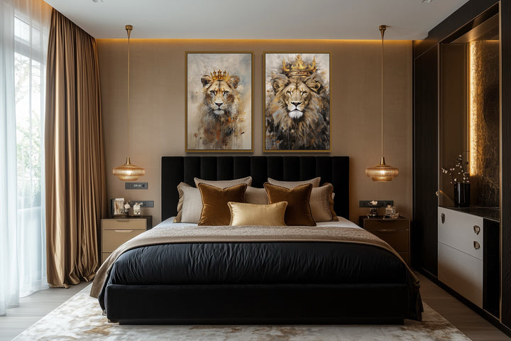 Set of 2 framed canvas wall art featuring a lion king and lioness queen with crowns above a bed.