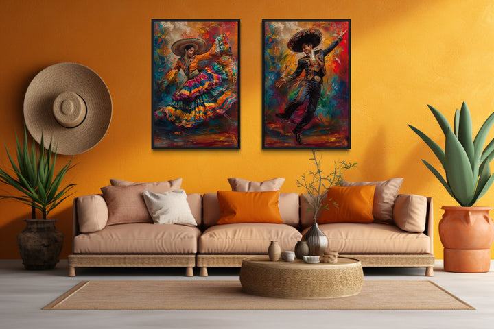 Set of 2 Mexican Man And Woman Dancing Traditional Mexican Wall Art