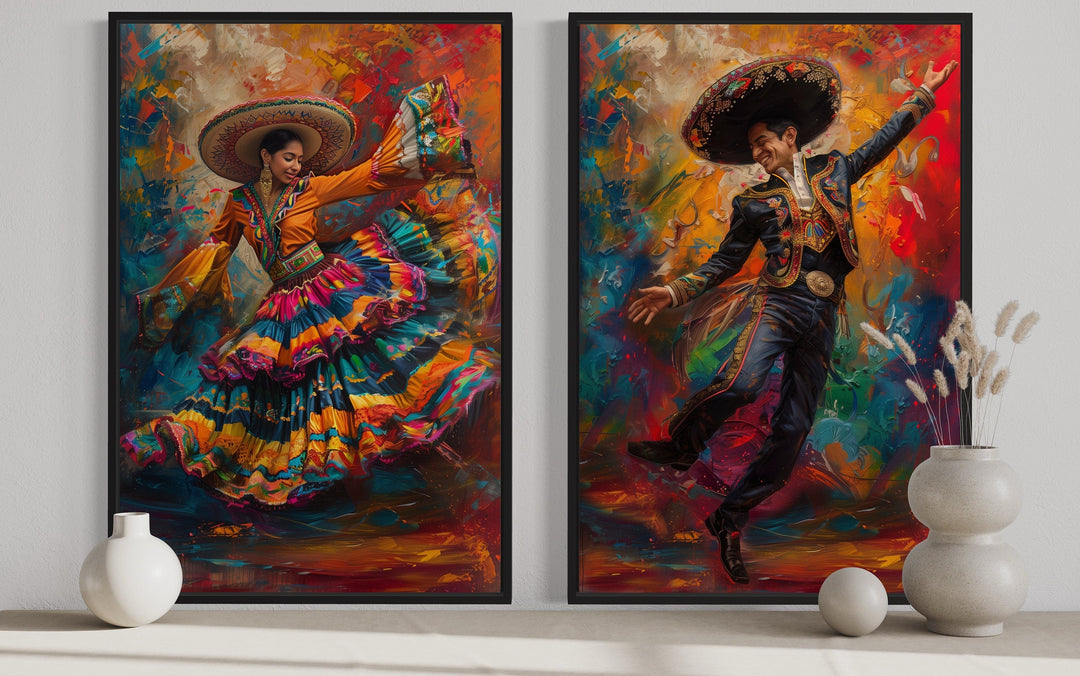 Set of 2 Mexican Man And Woman Dancing Traditional Mexican Wall Art