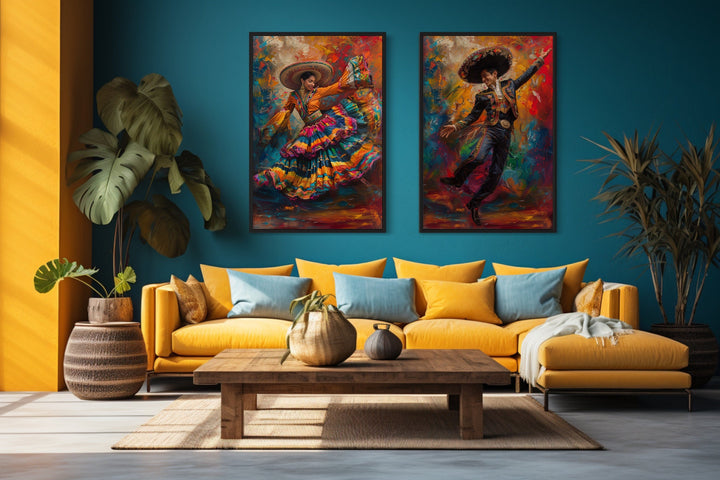 Set of 2 Mexican Man And Woman Dancing Traditional Mexican Wall Art