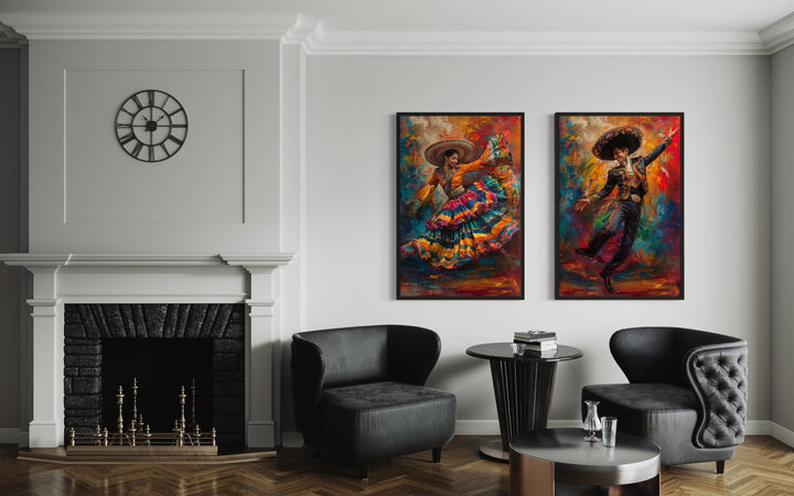 Set of 2 Mexican Man And Woman Dancing Traditional Mexican Wall Art