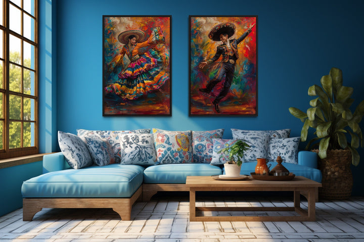 Set of 2 Mexican Man And Woman Dancing Traditional Mexican Wall Art