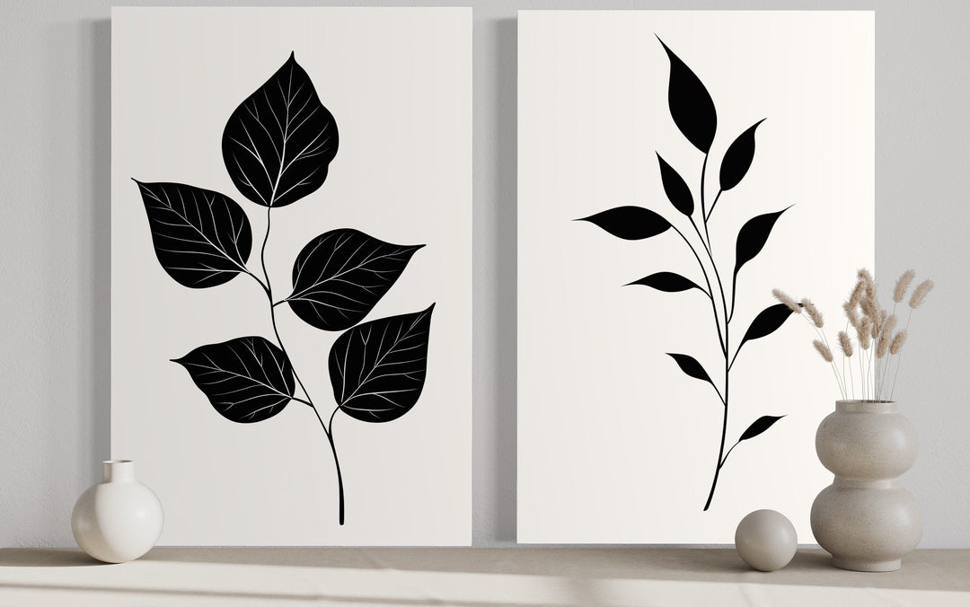 Set of 2 Minimalist Black White Leaves Botanical Wall Art