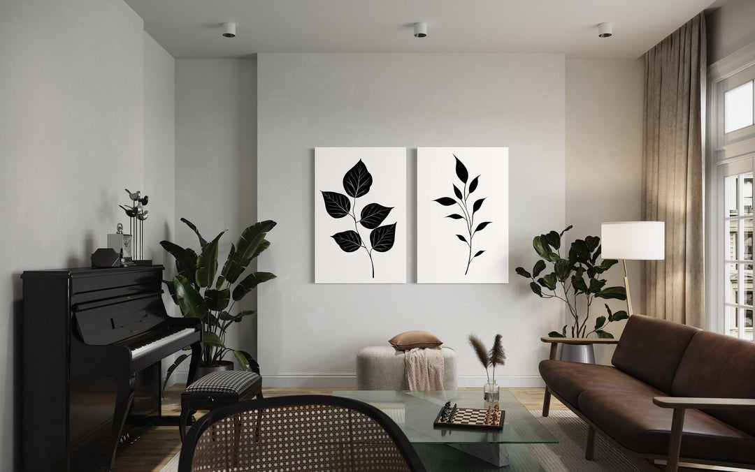 Set of 2 Minimalist Black White Leaves Botanical Wall Art