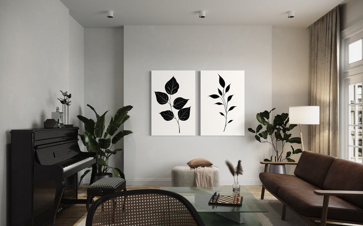 Set of 2 Minimalist Black White Leaves Botanical Wall Art