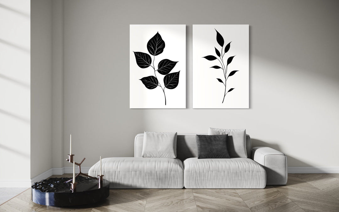 Set of 2 Minimalist Black White Leaves Botanical Wall Art