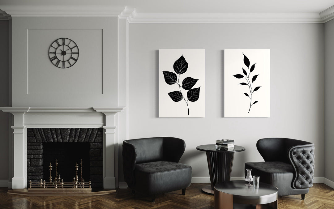 Set of 2 Minimalist Black White Leaves Botanical Wall Art