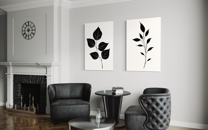 Set of 2 Minimalist Black White Leaves Botanical Wall Art