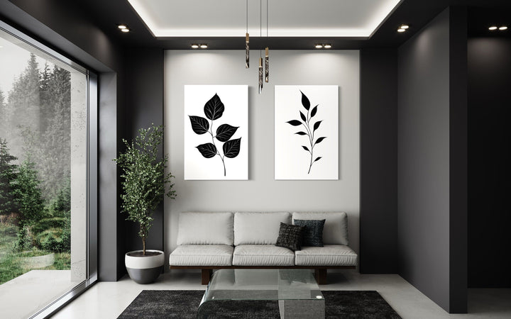 Set of 2 Minimalist Black White Leaves Botanical Wall Art