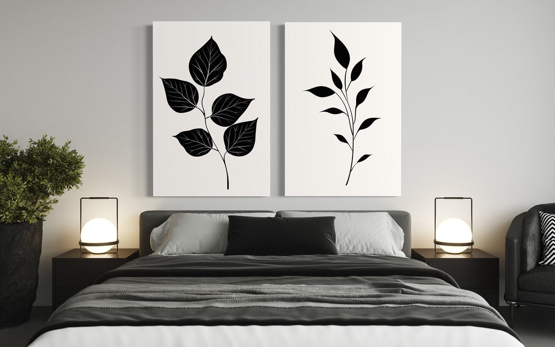 Set of 2 Minimalist Black Leaves On White Background Botanical Wall Art