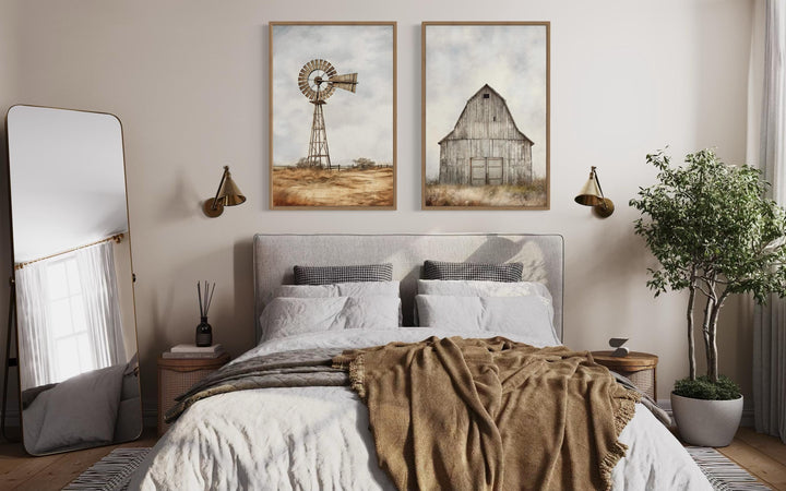 Set of 2 rustic farmhouse wall art prints featuring a weathered barn and a traditional windmill.