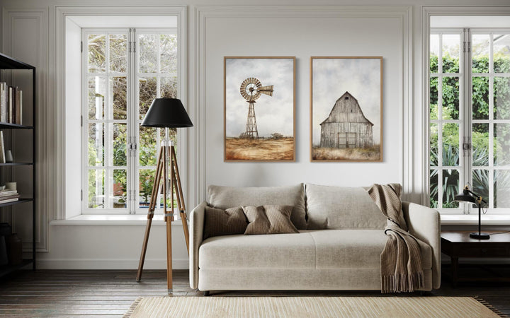 Set of 2 Old Barn And Windmill Rustic Farmhouse Wall Art